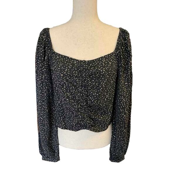 A New Day Boho Black White Balloon Sleeve Blouse Ruched Crop Top Size Medium - Picture 2 of 12